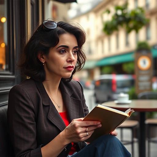 Camille Moreau, dramaturge, r√©fl√©chissant avec un carnet √† la main dans un caf√© parisien.
