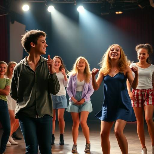 Des étudiants en spécialisation comédie musicale répétant un numéro de chant et de danse.