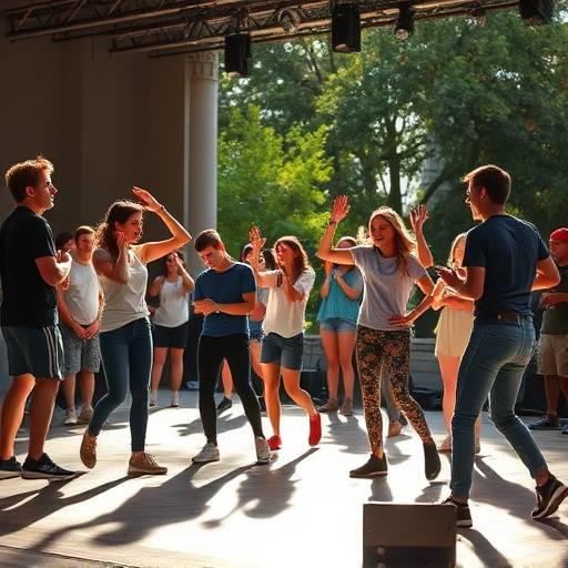 Des étudiants en spécialisation improvisation pratiquant un exercice d'improvisation en public.