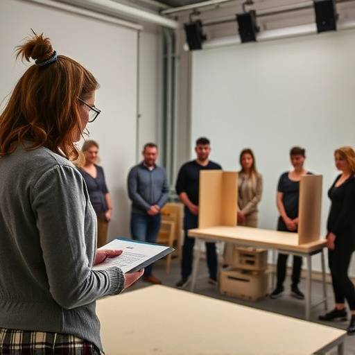 L√©a Garnier, sc√©nographe, pr√©sentant une maquette de sc√®ne √† une √©quipe de production.
