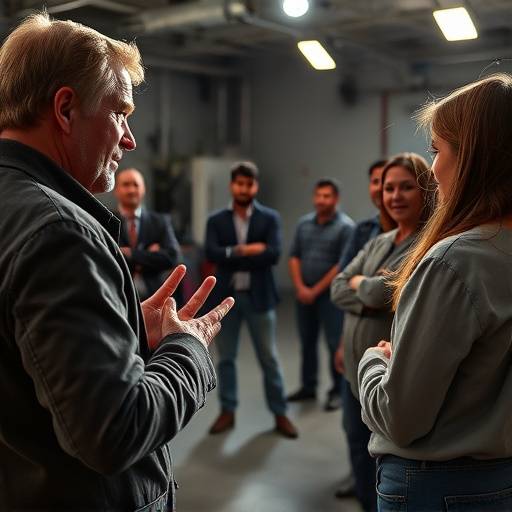 Pierre Dupont, metteur en sc√®ne, discutant avec des acteurs pendant une r√©p√©tition.