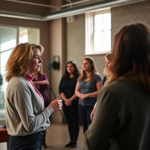 Sophie Dubois, professeure de th√©√¢tre, dirigeant un exercice avec ses √©l√®ves.