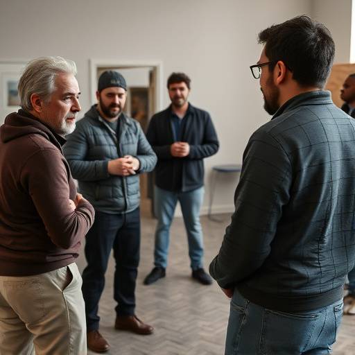 Un groupe d'acteurs expérimentés répétant une scène complexe sous la direction d'un metteur en scène.