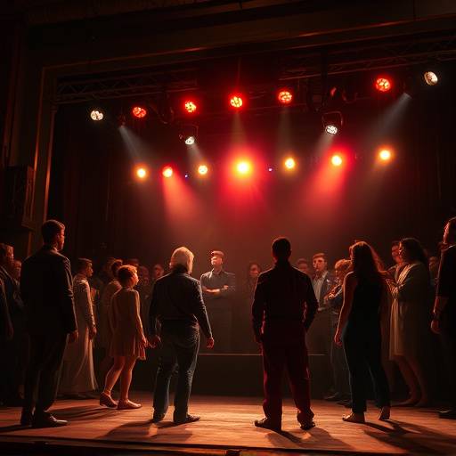 Une scène de théâtre éclairée avec des acteurs en pleine performance.